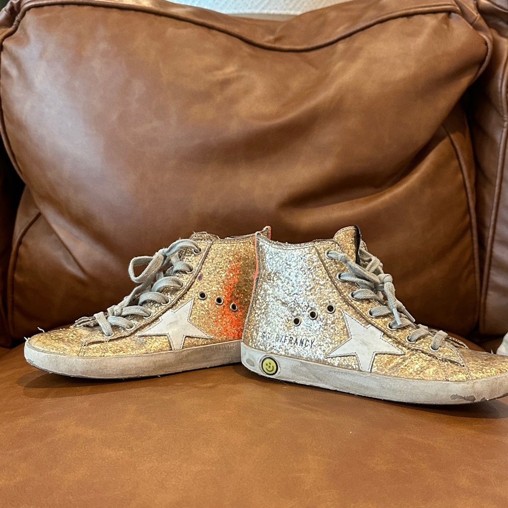Golden Goose Girls Glitter High-Top Gold Sneakers with Star size 29 or 11.5